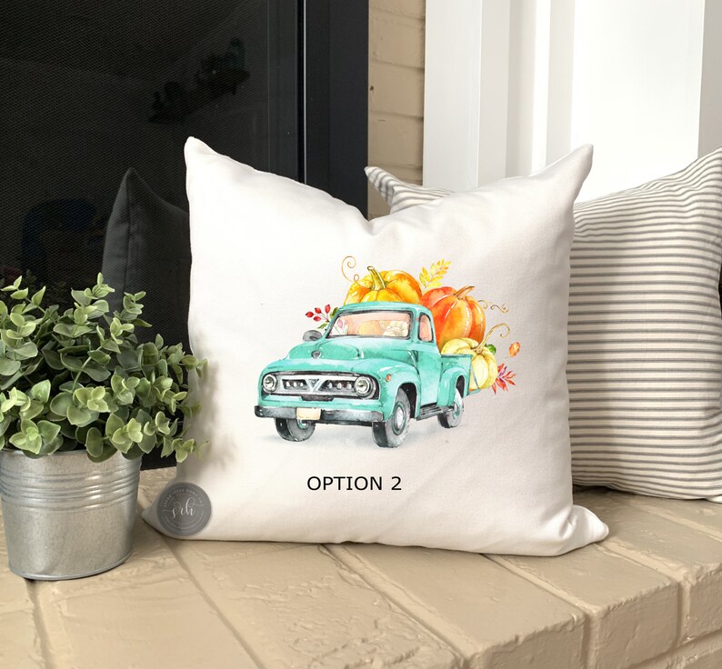 Teal Vintage truck with pumpkins Farmhouse Fall Pillow Cover Fall Farmhouse Decor Rustic Fall Decor Autumn Decor Harvest Pumpkin image 2