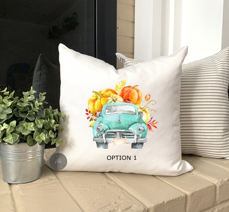 Teal Vintage truck with pumpkins Farmhouse Fall Pillow Cover Fall Farmhouse Decor Rustic Fall Decor Autumn Decor Harvest Pumpkin image 1