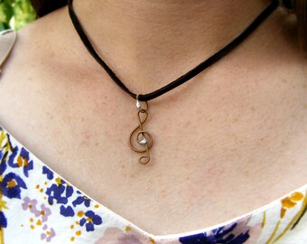 Guitar String Necklace - Simple Treble Clef Necklace - Girfriend Jewelry - Unique Handmade Necklace - Leather Cord - Musician Necklace