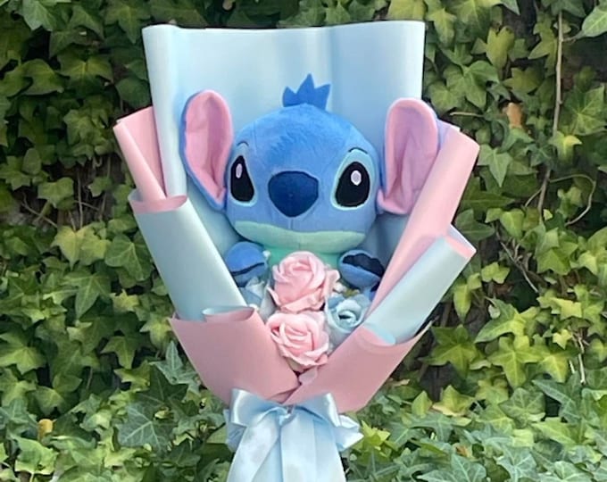 Stitch Bouquet. Blue and Pink Bouquet. Flower Bouquet Etsy