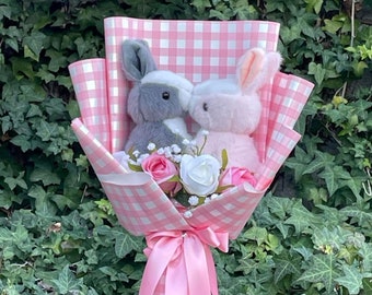 Bunny Couple Bouquet. Pink Bouquet. Valentine's Day gift. The doll stand is not included.