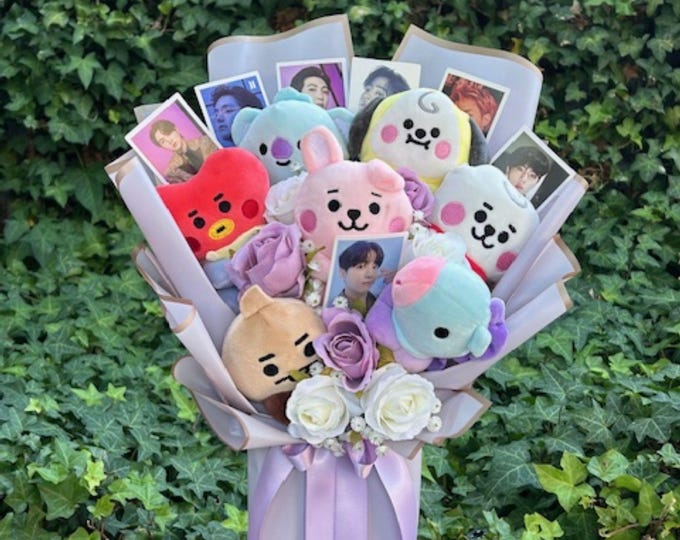 Plushies bouquet. Kpop Boy band with photocards bouquet. Lavender bouquet. Birthday gift. Graduation gift