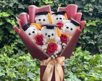 Graduation Bear Plushies Bouquet. Red bouquet