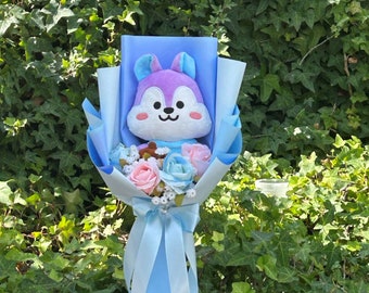 Mang plush bouquet. Blue Kpop Boy band bouquet.