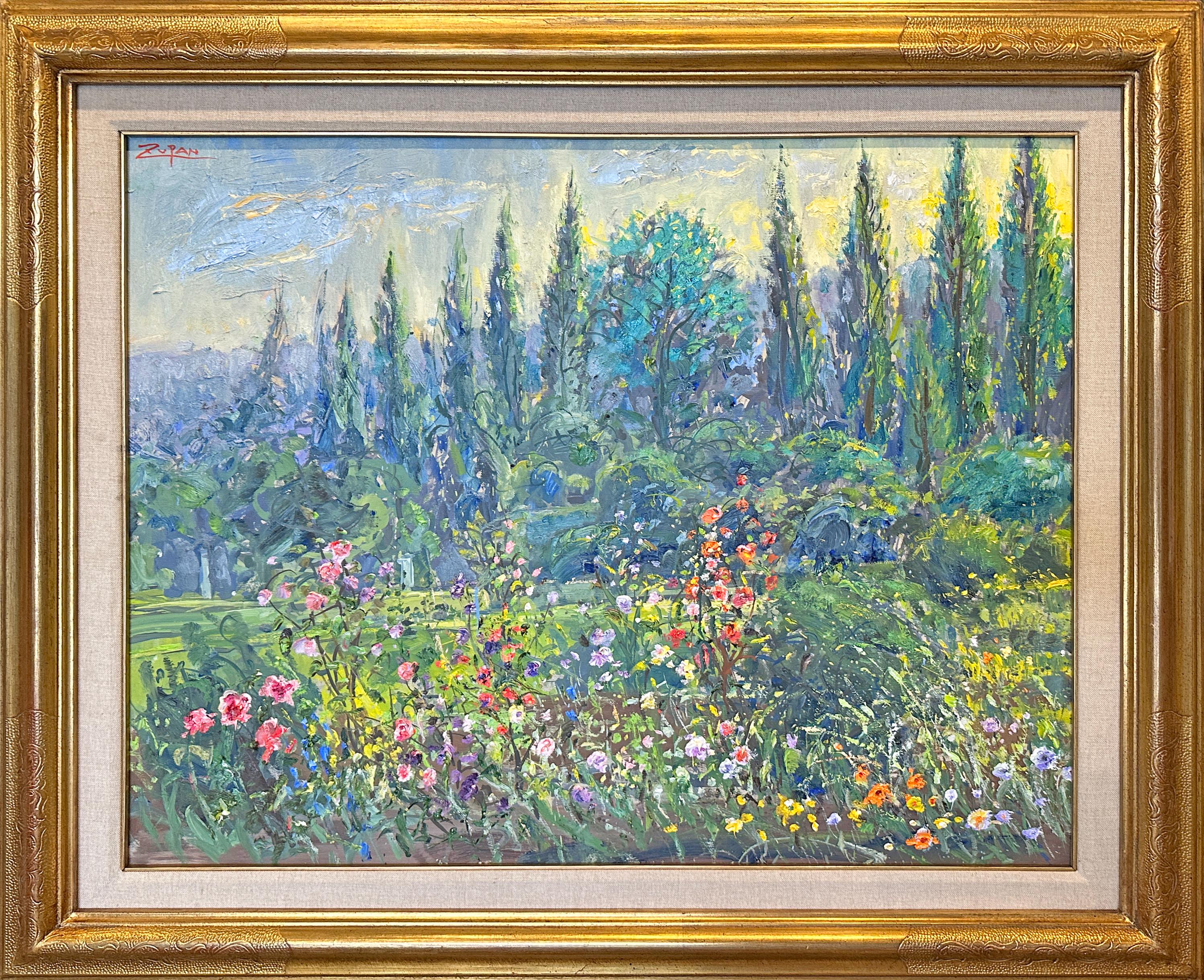 Original Fine Art by artist Bruno Zupan - "Cartuja Garden with Cypress Trees" - Hand Painted Oil and 24k Gold Leaf on Canvas with Gold Frame