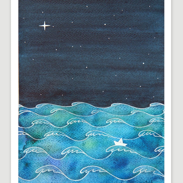 Print waves sailboat starry night nursery art illustration, navy watercolor painting by VApinx