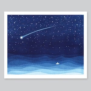 Falling star watercolor painting shooting star sailboat print navy blue print starry night nursery art wall decor stars illustration waves image 1