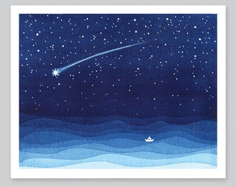 Falling star watercolor painting shooting star sailboat print  navy blue print starry night nursery art wall decor stars illustration waves