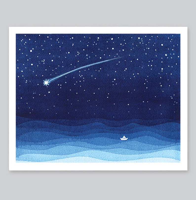 Falling star watercolor painting shooting star sailboat print navy blue print starry night nursery art wall decor stars illustration waves image 1