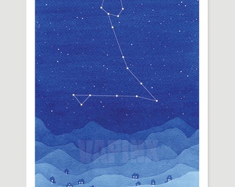 Watercolor painting Pisces Constellation blue mountains giclee print stars village wall decor starry night sky home art by VApinx