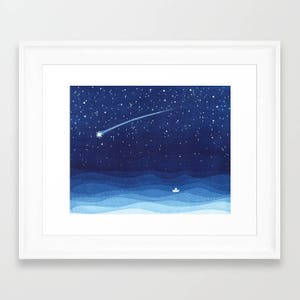 Falling star watercolor painting shooting star sailboat print navy blue print starry night nursery art wall decor stars illustration waves image 2