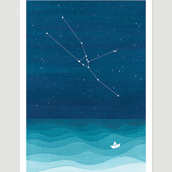 Watercolor painting Taurus Zodiac Constellation giclee print nautical wall decor starry night sky home teal art by VApinx