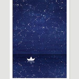Zen sailboat watercolor print, nautical wall decor, blue watercolor painting, kids art decor,  nursery art, navy blue ocean illustration