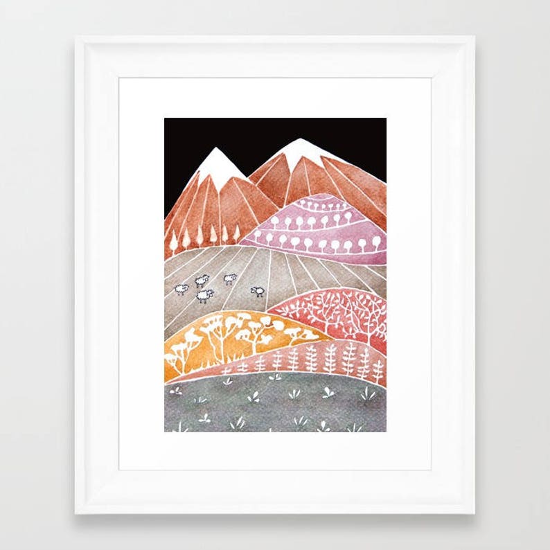 Watercolor painting Landscape painting Giclee Print mountains illustration whimsical mountains kids wall decor whimsical art sheep art image 4