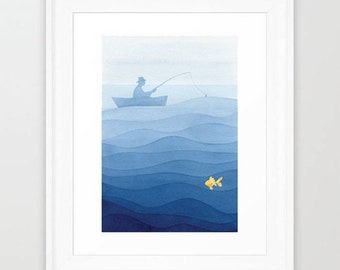 Fisherman print, gold fish watercolor painting, nautical wall decor, art boat blue ocean