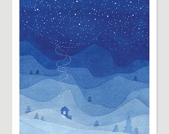 Watercolor painting Mountains print blue house night landscape stars sky painting giclee art print