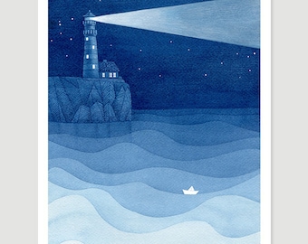 Lighthouse art print, watercolor painting, sailboat print blue nursery art wall decor ocean illustration VApinx