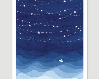 Stars, watercolor illustration, ocean art, ocean by night, nursery painting, blue watercolor, sea decor, paper boat, sailboat illustration