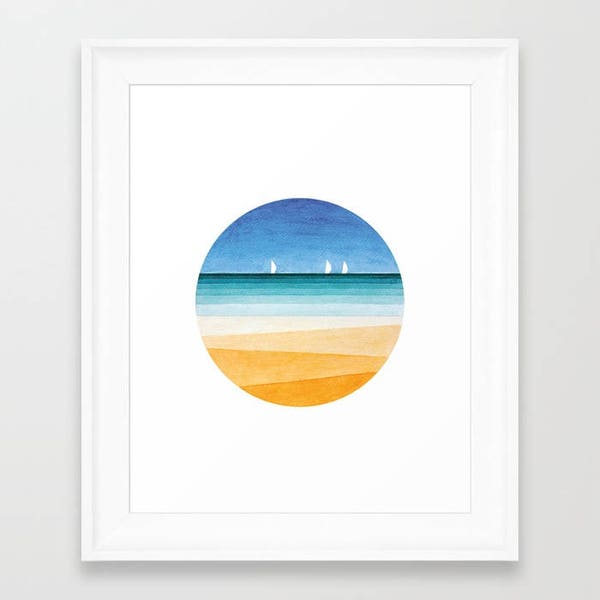 Print sea beach watercolor painting, geometric illustration,seascape circle wall art decor yellow blue sailboat