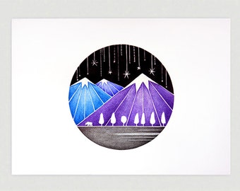 Watercolor painting mountains giclee print purple wall hanging night landscape, stars, circle kids painting wall art decor by VApinx