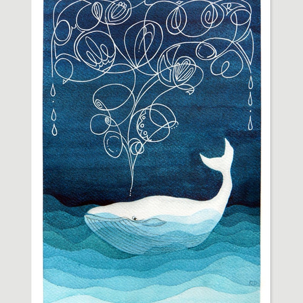 Whale print wahale watercolor nautical wall decor whale painting blue art teal nursery art kids illustration sea creature whale watercolour