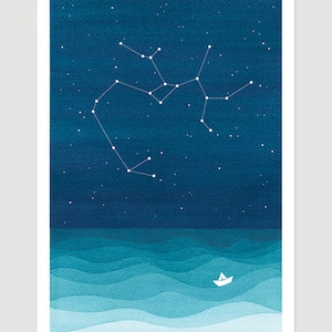 Watercolor painting Sagittarius Zodiac Constellation giclee print nautical wall decor starry night sky home teal art by VApinx