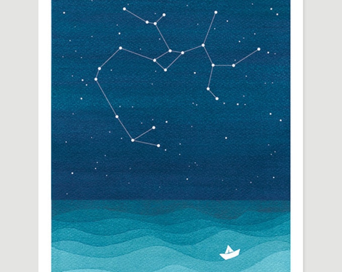 Watercolor painting Sagittarius Zodiac Constellation giclee print nautical wall decor starry night sky home teal art by VApinx