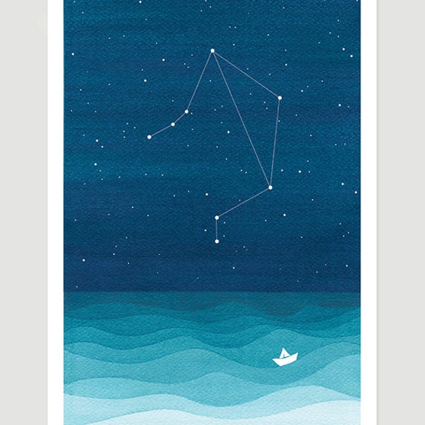 Watercolor painting Libra Zodiac Constellation giclee print nautical wall decor starry night sky home teal art by VApinx