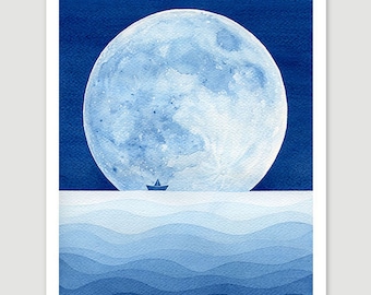 Blue print nautical sea wall decor full moon watercolor painting kids sailboat, wall hanging nursery ocean art zen illustration