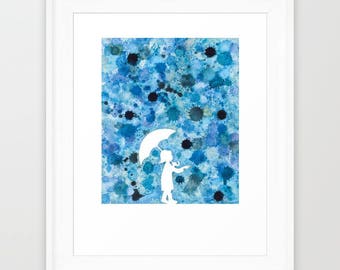 Rain drop print watercolor painting blue print girl print umbrella art nursery art kids art wall blue decor raining watercolor rain VApinx