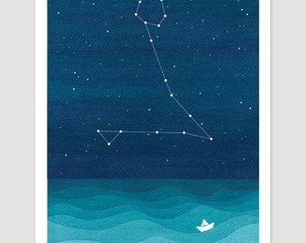 Watercolor painting Pisces Zodiac Constellation giclee print nautical wall decor starry night sky home teal art by VApinx