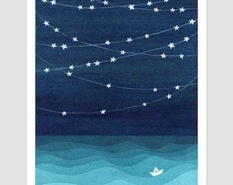 Watercolor painting, stars print, nautical wall decor, bedroom print, kids painting, sailboat, nursery home decor, teal art, illustration