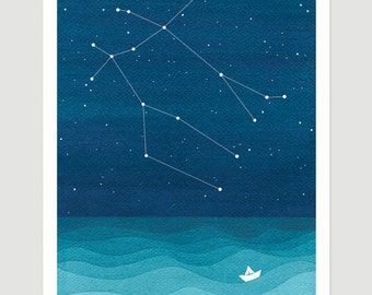 Watercolor painting Gemini Constellation giclee print nautical wall decor starry night sky home blue teal art by VApinx