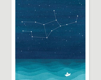 Watercolor painting Virgo Zodiac Constellation giclee print nautical wall decor starry night sky home teal art by VApinx