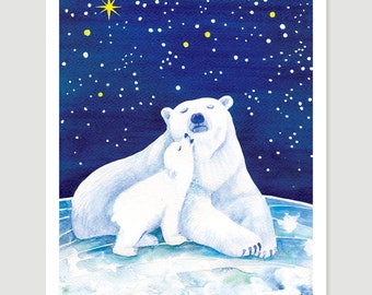 Polar bears watercolor print, arctic bear illustration, wall decor painting, blue nursery art for kids