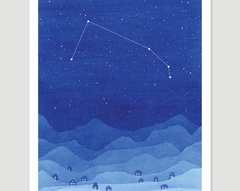 Watercolor painting Aries Constellation blue mountains giclee print stars village wall decor starry night sky home art by VApinx