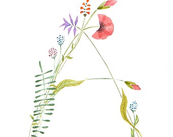 Watercolor painting letter S initial floral monogram flowers original ...
