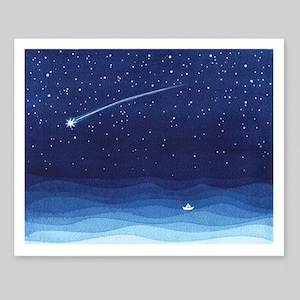 Falling star watercolor painting shooting star sailboat print  navy blue print starry night nursery art wall decor stars illustration waves