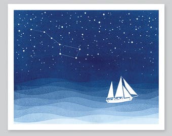Sailboat Print watercolor painting nautical print, wave ocean sea blue starry night, big dipper, nursery art wall decor illustration VApinx