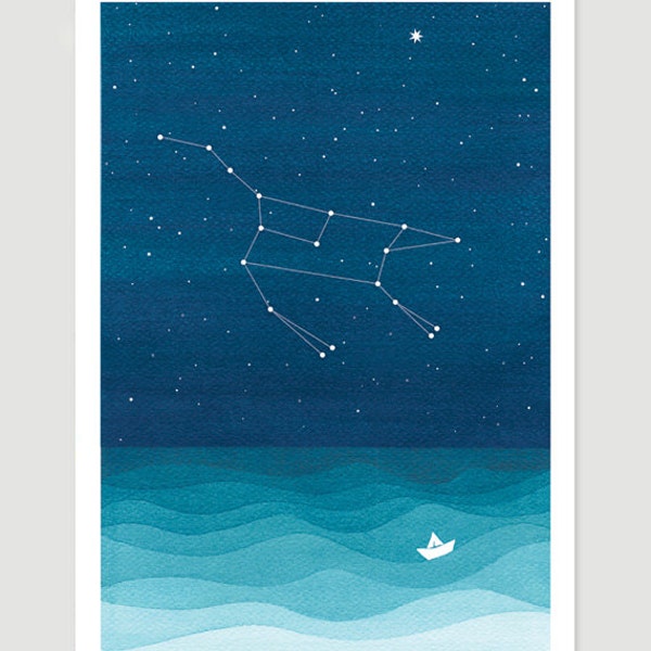 Watercolor painting Ursa Major Constellation giclee print nautical wall decor starry night sky home blue teal art by VApinx