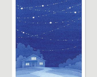 Garland of stars, art print, house, watercolor painting night blue, wall art decor, by VApinx