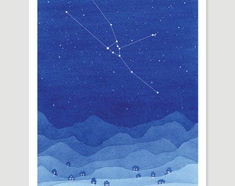 Taurus Watercolor painting Constellation blue mountains giclee print village wall decor starry night sky stars landscape home art zodiac