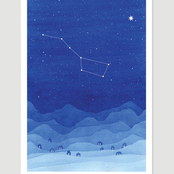 Big Dipper Watercolor painting Constellation blue mountains giclee print village wall decor starry night sky home art by VApinx