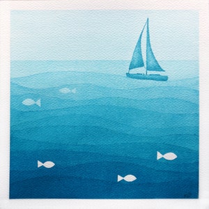 Sailboat art print giclee watercolor painting kids sea blue teal wave nursery home decor, wall hanging