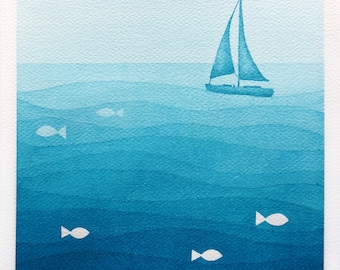 Sailboat art print giclee watercolor painting kids sea blue teal wave nursery home decor, wall hanging