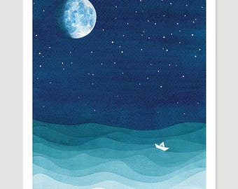 Moon phase print watercolor painting bedroom ocean waves art stars sailboat blue teal starry night nursery nautical wall decor illustration