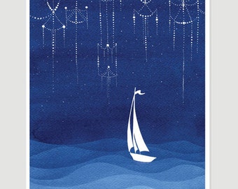 sailboat illustration, watercolor painting, stars print, nautical painting, stars print, nursery decor, blue illustration