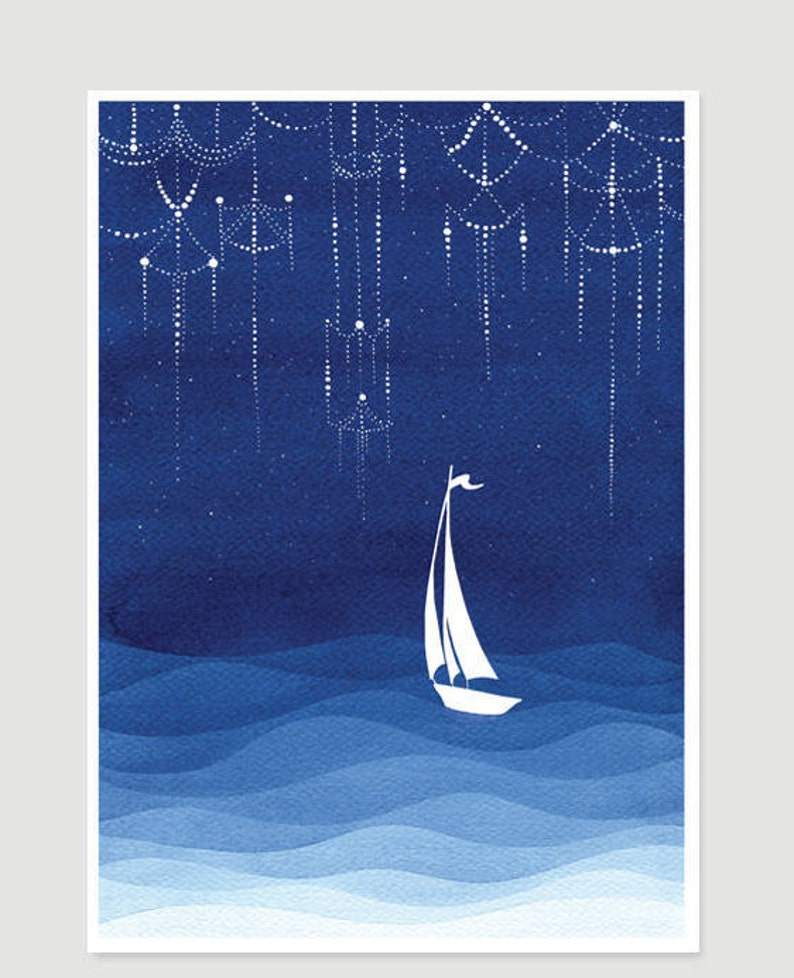 sailboat illustration, watercolor painting, stars print, nautical painting, stars print, nursery decor, blue illustration image 1