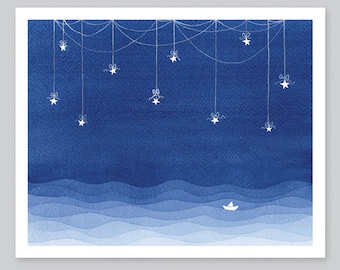 Bedroom print watercolor painting stars sailboat blue starry night nursery art wall decor sea illustration by VApinx