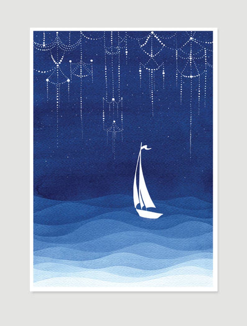 sailboat illustration, watercolor painting, stars print, nautical painting, stars print, nursery decor, blue illustration image 4